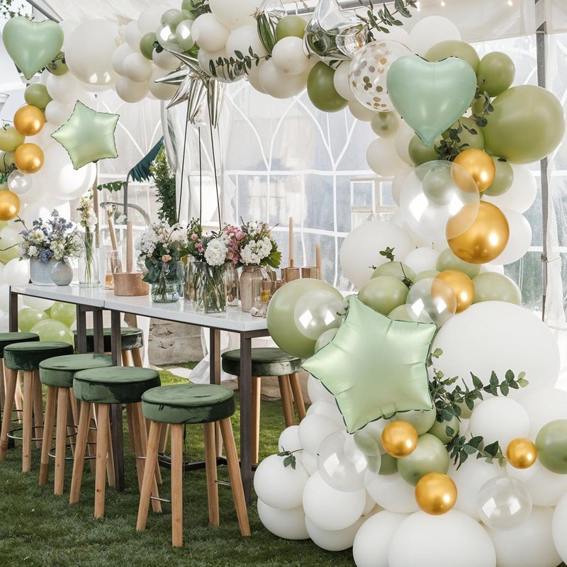 Froova Sage Green and Gold Balloons Heart Star Balloon as Retro Olive Sage Green Baby Shower Decorations, Metallic Gold Confetti Balloons 18 inch Clear Foil Balloon as Anniversary Engagement Party Decor - Image 5