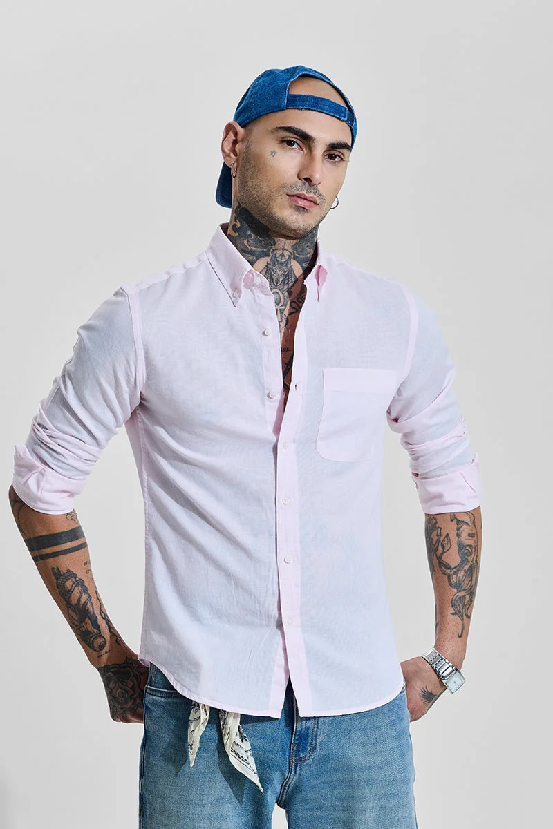 SNITCH Light Pink Solid Long Sleeve Slim Fit Casual Shirt