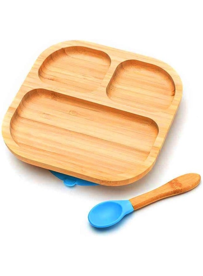 Youkoo kitchen (Blue) - Baby Toddler Stay Put Dish, Kids Suction Plate, Bamboo Cute Dinnerware (Blue) - Image 1