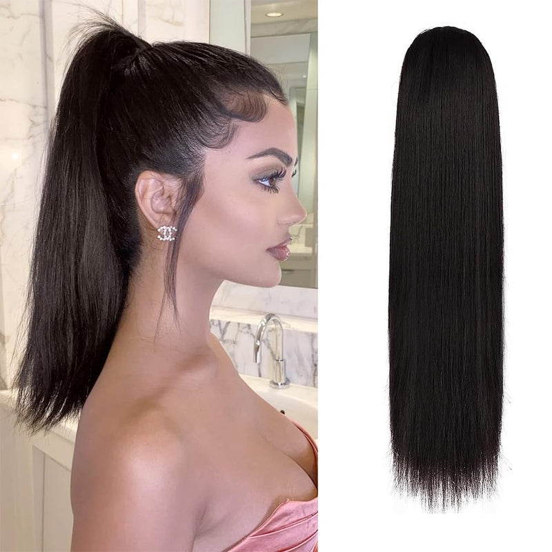BARSDAR Brown Ponytail Extension - 16 Inch Short Straight Drawstring Ponytail Extensions for Women, Synthetic Drawstring Clip in Pony Tails Hairpieces Fake Straight Ponytails - Dark Chestnut Brown - Image 1