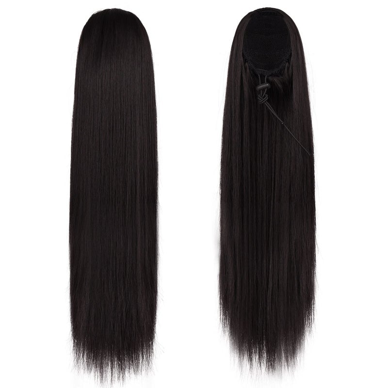 BARSDAR Brown Ponytail Extension - 16 Inch Short Straight Drawstring Ponytail Extensions for Women, Synthetic Drawstring Clip in Pony Tails Hairpieces Fake Straight Ponytails - Dark Chestnut Brown - Image 2