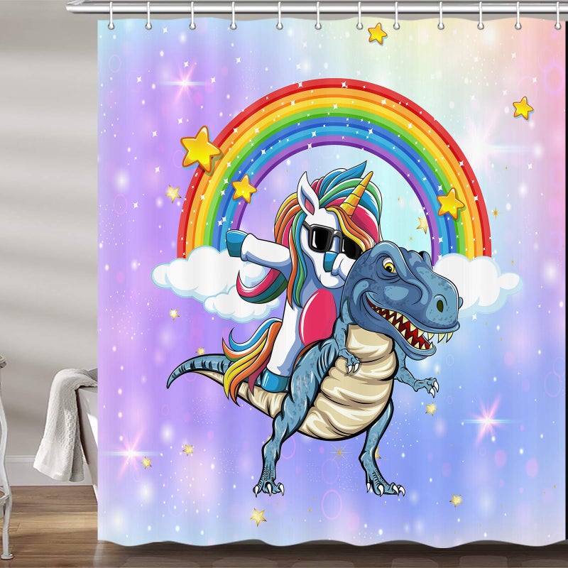 MERCHR MERCHR Cute Unicorn Riding Dinosaur Shower Curtain for Kids Bathroom Funny Cartoon Rainbow Fantasy Galaxy Space Fabric Shower Curtains Set Boys Girls Restroom Decor Accessories with Hooks 72X72 in