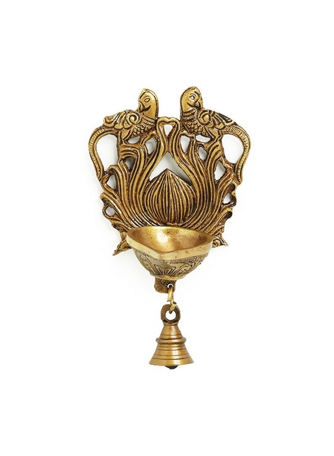 ExclusiveLane ExclusiveLane 'Carved Peacock' Hand-Etched Brass Decorative Wall Hanging Diya for Puja Room Mandir with Bells (Pure Brass, 7 Inch, 0.4 Kg) | Oil Lamp House Warming Gifts for New Home - Image 1