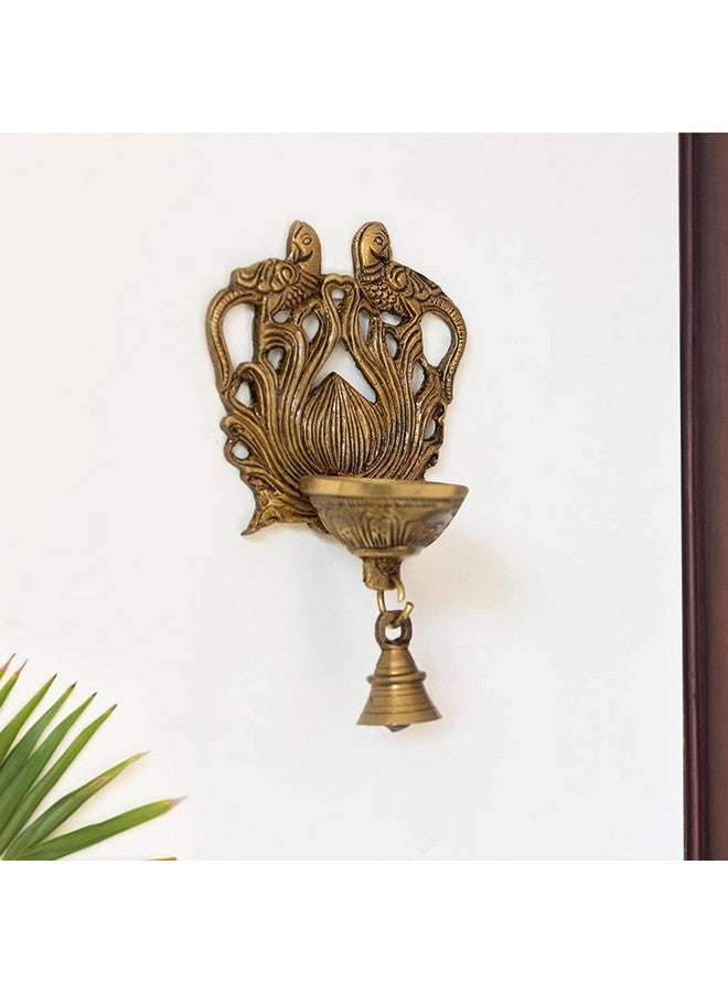 ExclusiveLane ExclusiveLane 'Carved Peacock' Hand-Etched Brass Decorative Wall Hanging Diya for Puja Room Mandir with Bells (Pure Brass, 7 Inch, 0.4 Kg) | Oil Lamp House Warming Gifts for New Home - Image 2