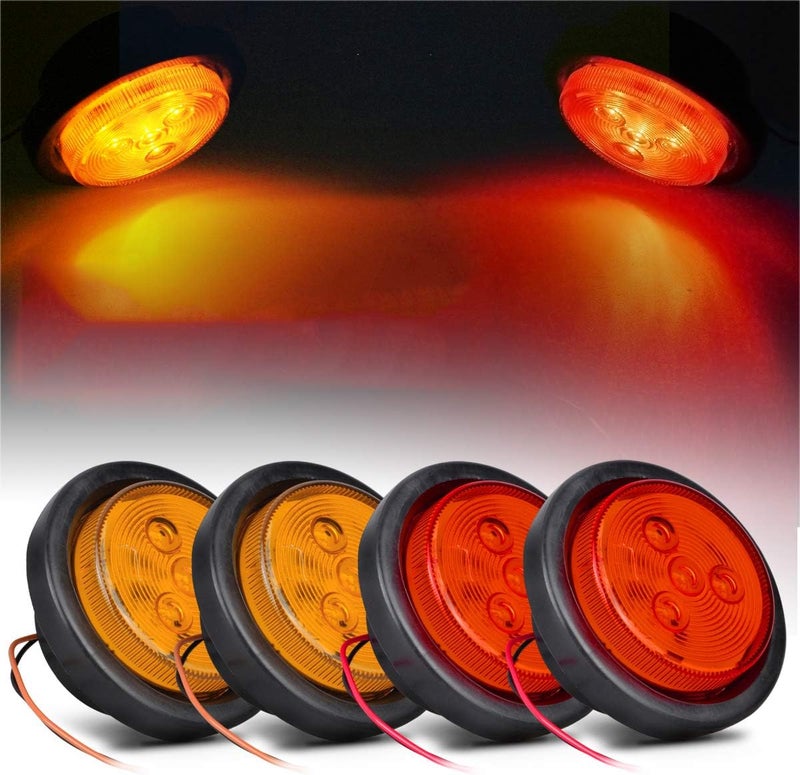 Partsam 2 Amber + 2 Red Truck Trailer 2.5" Round Side Marker Led Clearance Light 4LED 12V, 2.5 Inch Round Led Marker Lights, 2.5 Round Led Clearance Lights, 2.5 Inch Round Led Flush Mount Lights - Image 1