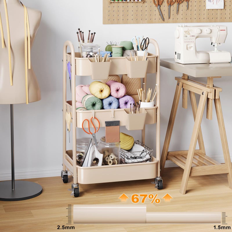 Osivaex Beige 3 Tier Rolling Cart Metal on Wheels, Three Tiered Storage Organizer Utility Trolley with Wheels for Art, Craft, Baby Diaper Caddy, Snack, Book, Nail, Lash, Cleaning Supplies, Kitchen, Bathroom - Image 4