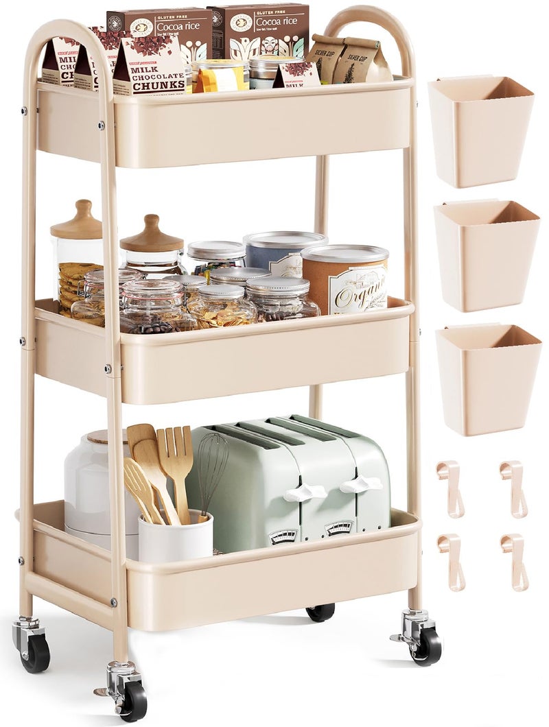 Osivaex Beige 3 Tier Rolling Cart Metal on Wheels, Three Tiered Storage Organizer Utility Trolley with Wheels for Art, Craft, Baby Diaper Caddy, Snack, Book, Nail, Lash, Cleaning Supplies, Kitchen, Bathroom - Image 1