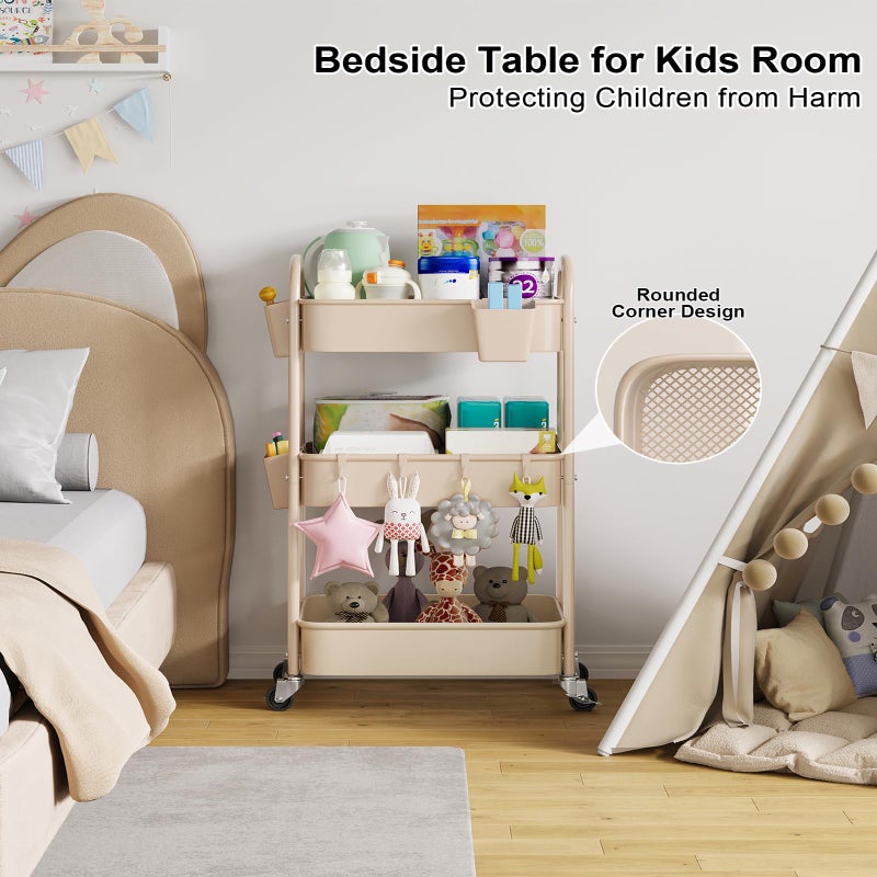 Osivaex Beige 3 Tier Rolling Cart Metal on Wheels, Three Tiered Storage Organizer Utility Trolley with Wheels for Art, Craft, Baby Diaper Caddy, Snack, Book, Nail, Lash, Cleaning Supplies, Kitchen, Bathroom - Image 2