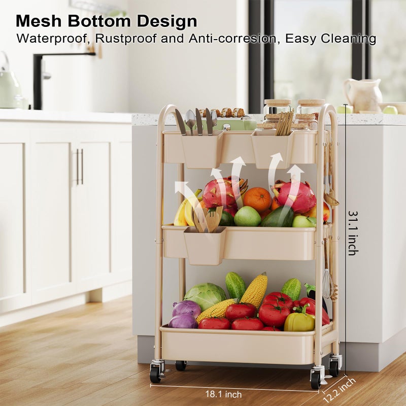 Osivaex Beige 3 Tier Rolling Cart Metal on Wheels, Three Tiered Storage Organizer Utility Trolley with Wheels for Art, Craft, Baby Diaper Caddy, Snack, Book, Nail, Lash, Cleaning Supplies, Kitchen, Bathroom - Image 3