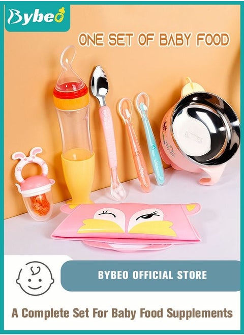 7 Piece Baby Feeder Set - Toddler Bowl with Suction + Adjustable Bib + Squeeze Spoon + 2 Silicone + 1 Grinding Spoons + Fruit Feeder Baby Self Feeding Supplies Eating Utensils