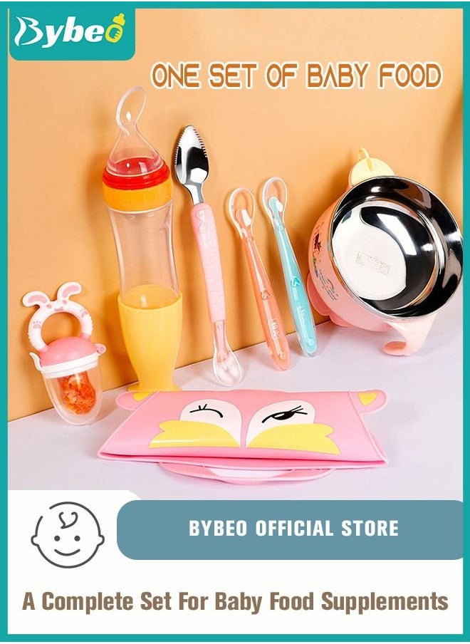 Bybeo 7 Piece Baby Feeder Set - Toddler Bowl with Suction + Adjustable Bib + Squeeze Spoon + 2 Silicone + 1 Grinding Spoons + Fruit Feeder Baby Self Feeding Supplies Eating Utensils  - Image 1