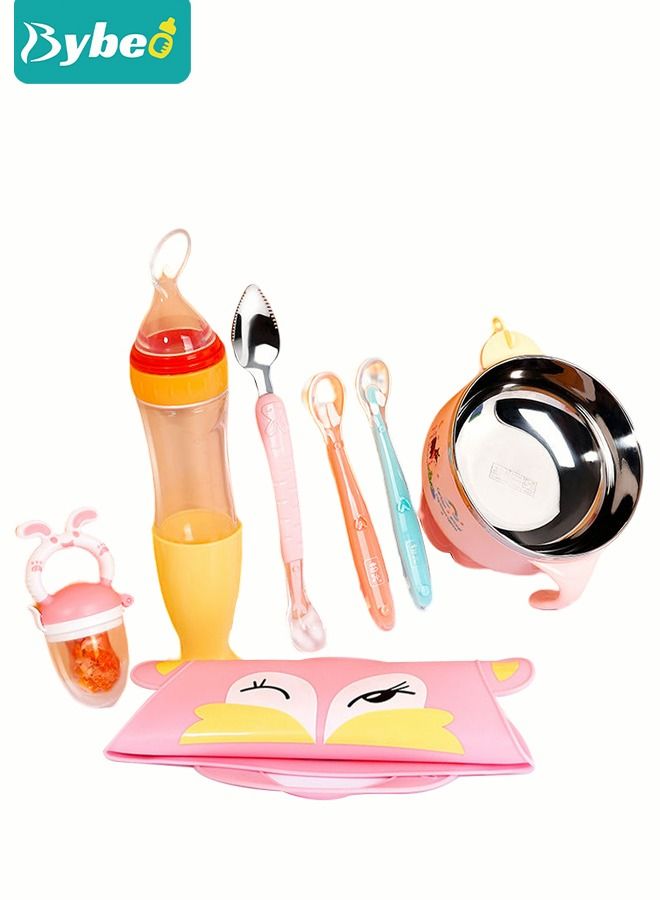 7 Piece Baby Feeder Set - Toddler Bowl with Suction + Adjustable Bib + Squeeze Spoon + 2 Silicone + 1 Grinding Spoons + Fruit Feeder Baby Self Feeding Supplies Eating Utensils