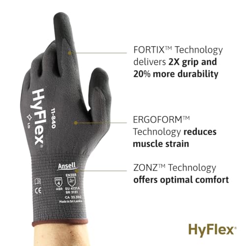 HyFlex Ansell HyFlex 11-840 Ergonomic Abrasion-Resistant Nylon Spandex Nitrile Coated Industrial Gloves for Automotive, Fabrication - Large (9) Grey (1 Pair) - Image 2