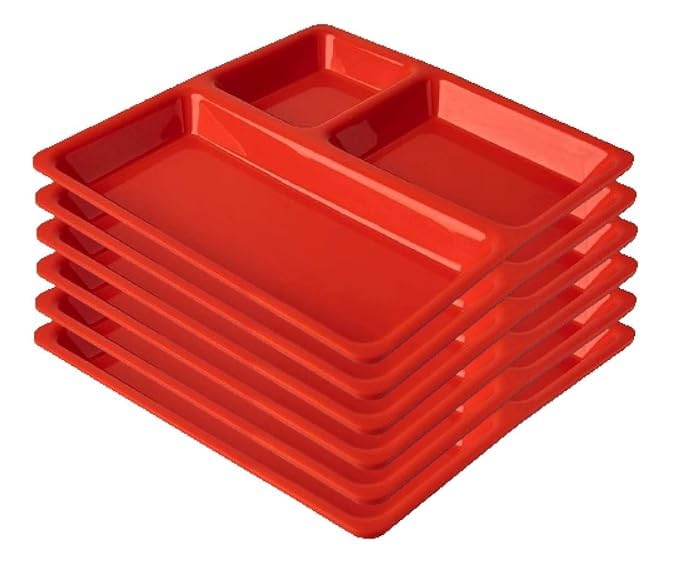 AWICKTIK Plastic 3 in 1 Pav Bhaji PlateCompartment Plate Red Set of 6 Sectioned Plate - Image 1