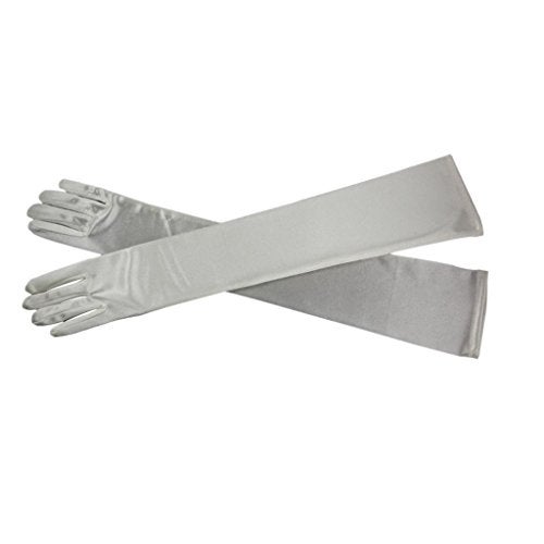 DreamHigh Women's Party Wedding 21" Long Satin Finger Gloves Silver - Image 2
