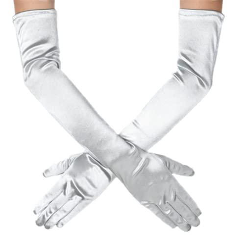 DreamHigh Women's Party Wedding 21" Long Satin Finger Gloves Silver - Image 4