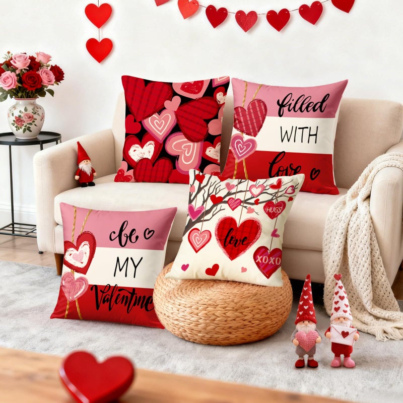YOSICHY Valentines Decorations-Valentine Pillow Covers 18x18 Set of 4, Pink Red Hearts Be My Valentine Throw Outdoor Pillow Covers Anniversary Wedding Cushion Case for Home Sofa Couch DÃ©cor - Image 5