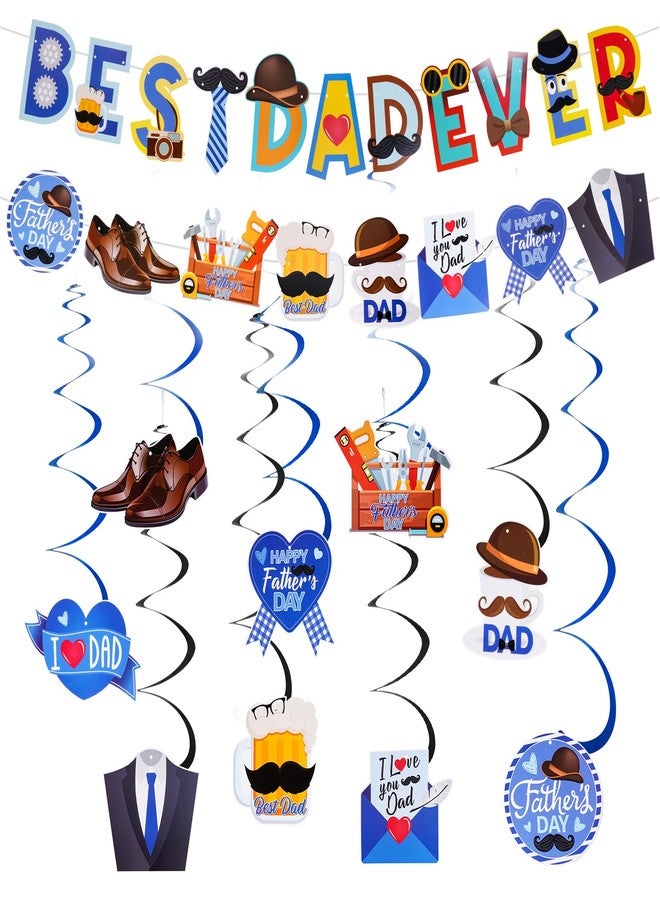 SUMERSHA Father's Day Hanging Decorations - Blue Black Best Dad Ever Banner, Happy Father's Day Banner, Dad's Day Hanging Swirls Foil Ceiling Decorations Party Supplies - Image 1