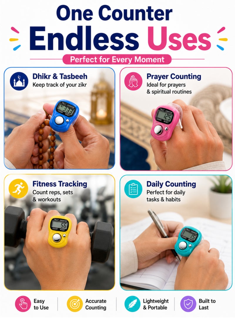4PCS Digital Tasbih Counter Finger Ring with LCD Display, Reset Button & Adjustable Strap – Tally Clicker - Image 2
