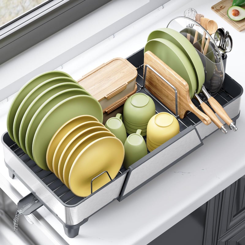 Urackify Large Dish Drying Rack - Triple Expandable Dish Rack for Kitchen Counter, Stainless Steel Sink Organization and Storage Essentials with Utensil & Pans Holder for Home and Appartment, Gray - Image 1
