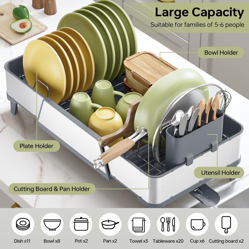 Urackify Large Dish Drying Rack - Triple Expandable Dish Rack for Kitchen Counter, Stainless Steel Sink Organization and Storage Essentials with Utensil & Pans Holder for Home and Appartment, Gray - Image 4