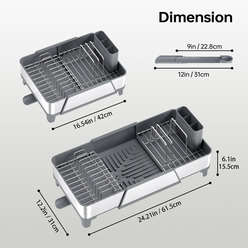 Urackify Large Dish Drying Rack - Triple Expandable Dish Rack for Kitchen Counter, Stainless Steel Sink Organization and Storage Essentials with Utensil & Pans Holder for Home and Appartment, Gray - Image 2
