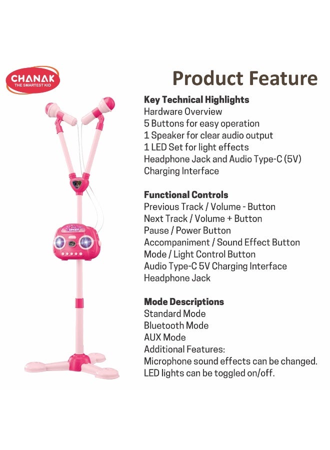 Chanak Smart Singer Karaoke Microphone Set with Dual Mics & Adjustable Stand, Bluetooth Music Speaker with Lights, Rechargeable Singing Toy for Kids - Image 4