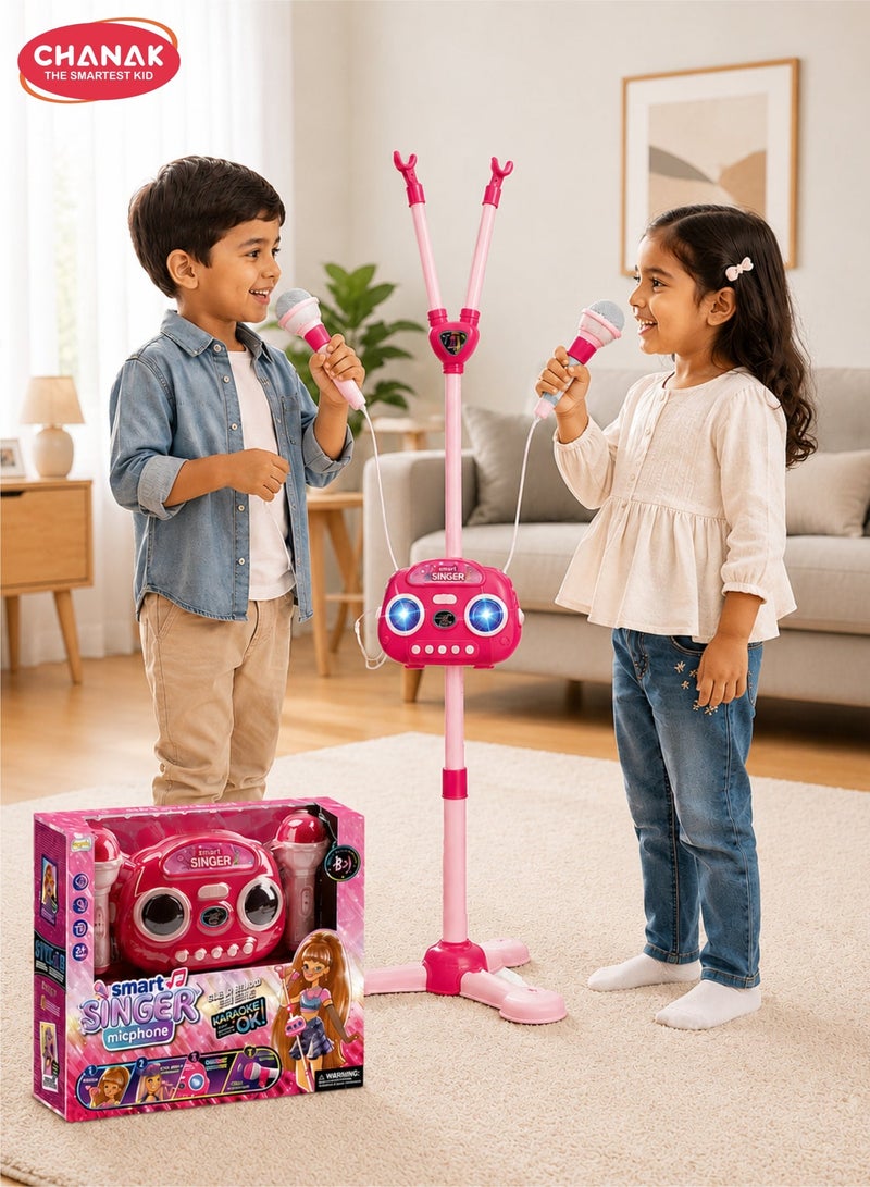 Chanak Smart Singer Karaoke Microphone Set with Dual Mics & Adjustable Stand, Bluetooth Music Speaker with Lights, Rechargeable Singing Toy for Kids - Image 1