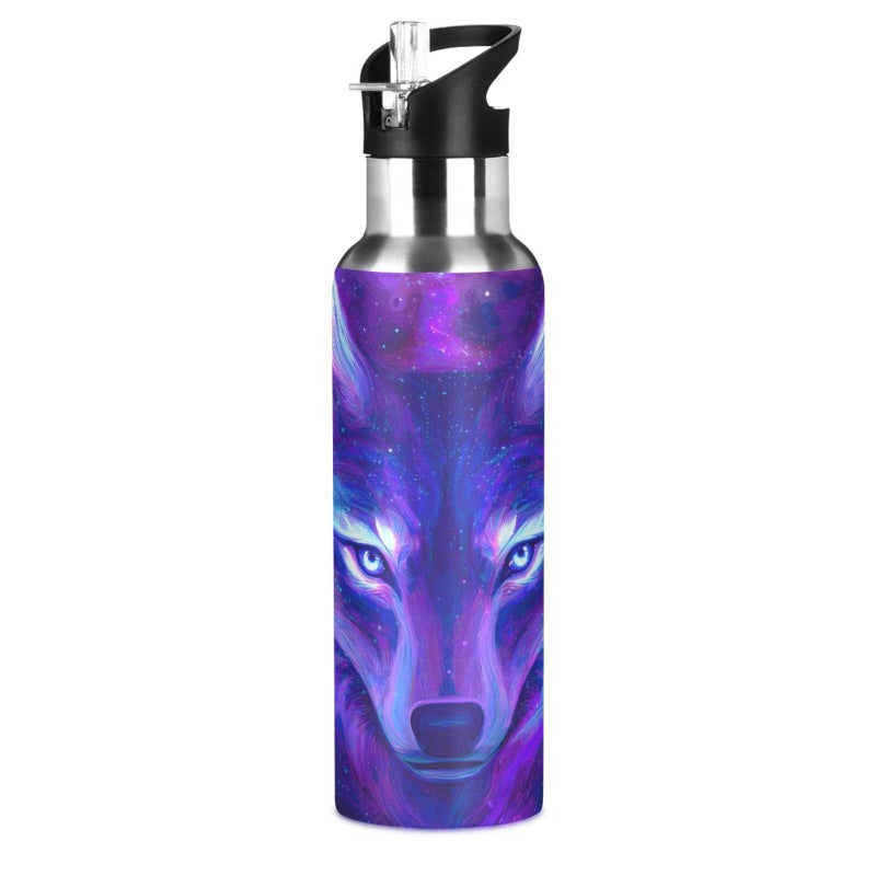 Wolf Water Bottle Wolf Cups Galaxy Water Bottle for Kids Girls with Straw Lid Wolves Insulated Stainless Steel Water Flask Sport Gym 20 oz