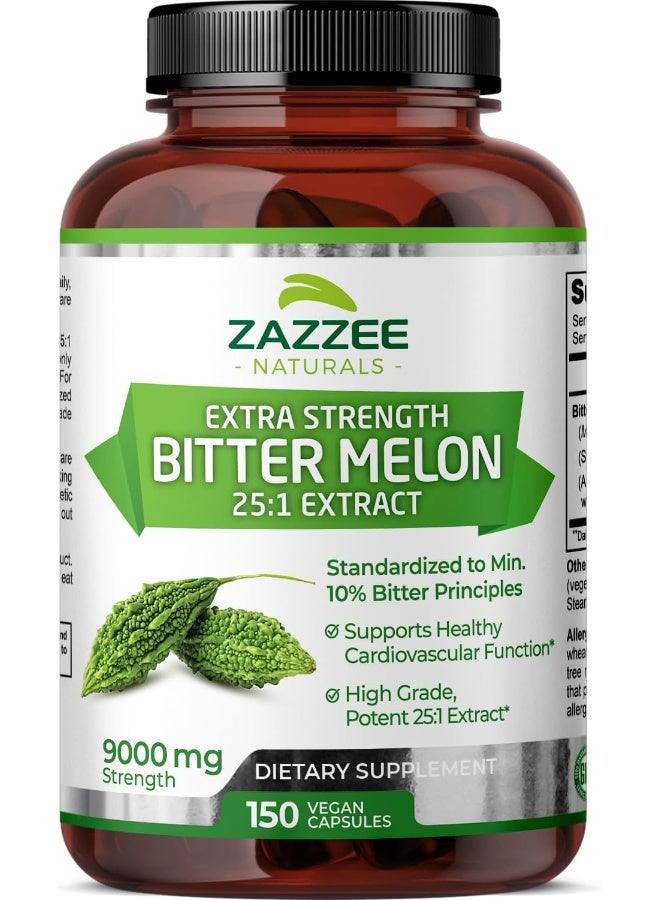 Zazzee Extra Strength Bitter Melon 25:1 Extract, 9000 mg Strength, 150 Vegan Capsules, 10% Bitter Principles, 5 Month Supply, Non-GMO and All-Natural - Image 1