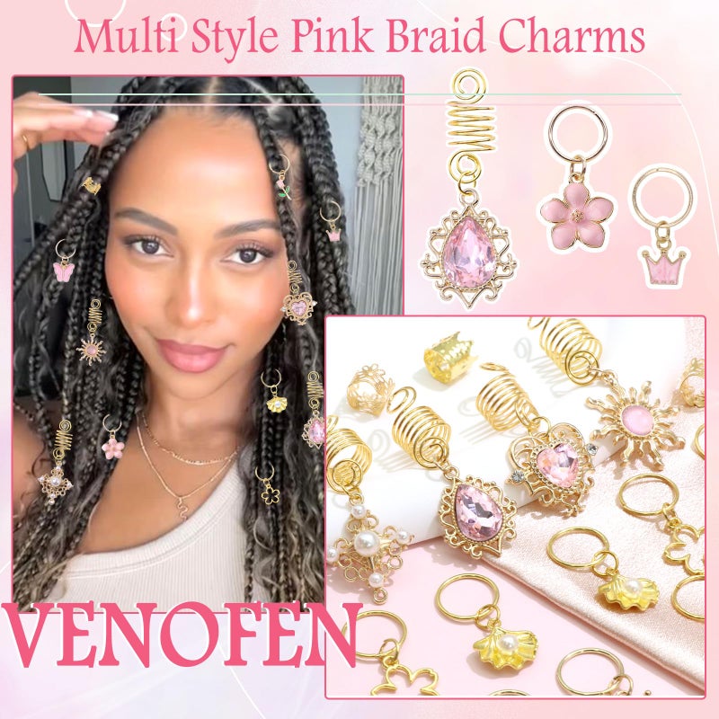 VENOFEN 36PCS Pink Crystal Hair Jewelry Butterfly Braids Clips Flower Loc Jewelry Pearl Hair Charms Gold Hair Cuffs Rings Valentine's Day Braids Accessories for Women and Girls - Image 5
