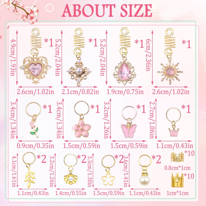VENOFEN 36PCS Pink Crystal Hair Jewelry Butterfly Braids Clips Flower Loc Jewelry Pearl Hair Charms Gold Hair Cuffs Rings Valentine's Day Braids Accessories for Women and Girls - Image 4