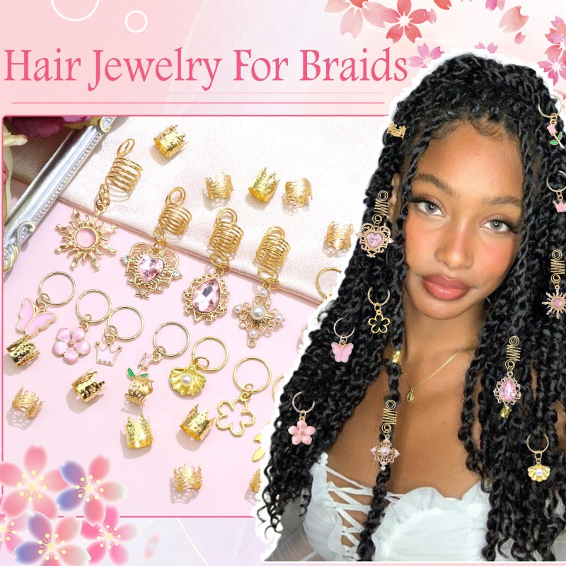 VENOFEN 36PCS Pink Crystal Hair Jewelry Butterfly Braids Clips Flower Loc Jewelry Pearl Hair Charms Gold Hair Cuffs Rings Valentine's Day Braids Accessories for Women and Girls - Image 3