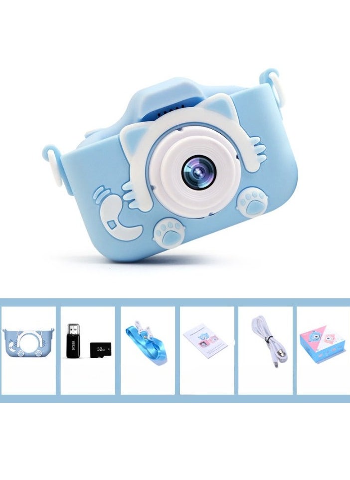 AROAQ Kids Camera, HD 1080p Shockproof Children Video Camera, Portable Mini  Dual Camera Toy, Multiple Functions Digital Camera For Girls Boys, (x5s HD dual camera blue cat+32g card+card reader)  - Image 1