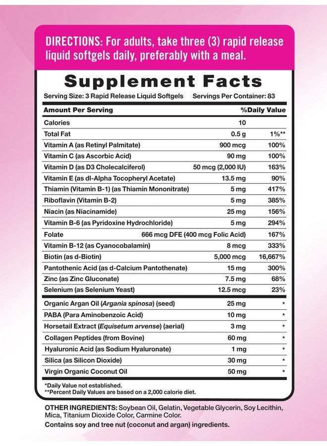 Nature's Truth فيتامينات الشعر والبشرة والأظافر من ناتشرز تروث | 5000 ميكروغرام | 250 كبسولة لينة | تشمل الكولاجين والبيوتين وزيت جوز الهند | مكمل غير معدل وراثيًا وخالي من الغلوتين للنساء والرجال - Image 2
