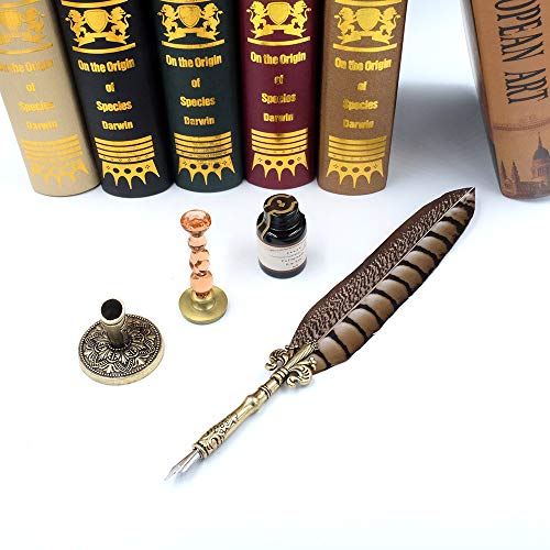 GC QUILL Antique Quill Pen Unique Half-Patterned Feather Pen Set with 6 Nibs 1 Bottle of Ink 1 Seal Stamp 1 Pen Holder 1 Sealing Wax LL-149 - Image 3