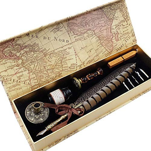 GC QUILL Antique Quill Pen Unique Half-Patterned Feather Pen Set with 6 Nibs 1 Bottle of Ink 1 Seal Stamp 1 Pen Holder 1 Sealing Wax LL-149 - Image 1