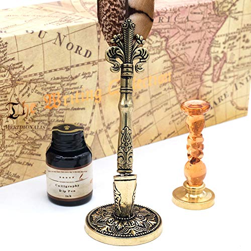 GC QUILL Antique Quill Pen Unique Half-Patterned Feather Pen Set with 6 Nibs 1 Bottle of Ink 1 Seal Stamp 1 Pen Holder 1 Sealing Wax LL-149 - Image 4