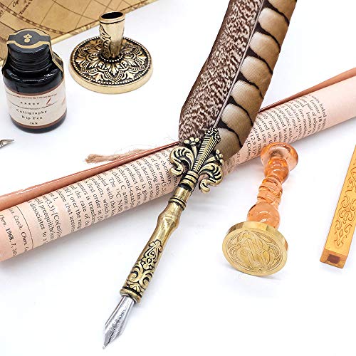 GC QUILL Antique Quill Pen Unique Half-Patterned Feather Pen Set with 6 Nibs 1 Bottle of Ink 1 Seal Stamp 1 Pen Holder 1 Sealing Wax LL-149 - Image 5