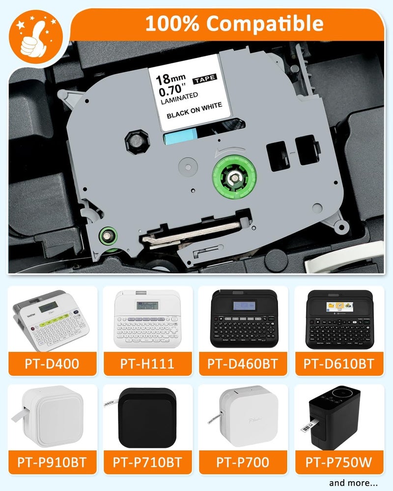 شريط تسمية PTouch أبيض مصفح مقاس 18 مم 0.7 بوصة بديل لـ Brother TZe-241 | TZe241 مقاس 3/4 بوصة شريط آلة التسمية، شريط TZe TZ يعمل مع Brother P-Touch D600 D610BT P710BT، أسود على أبيض، 26.2 قدم (8 متر)، عبوة من 6 قطع - Image 2
