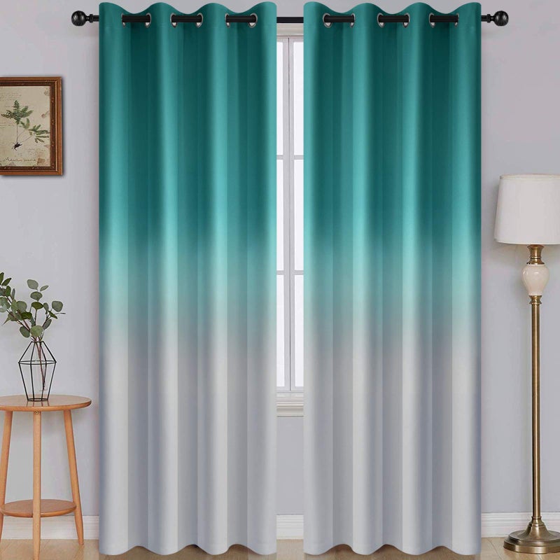 SimpleHome Ombre Room Darkening Curtains for Bedroom Light Blocking Gradient Teal to Gray White Thermal Insulated Grommet Window CurtainsDrapes for Living Room2 Panels 52x96 inches Length