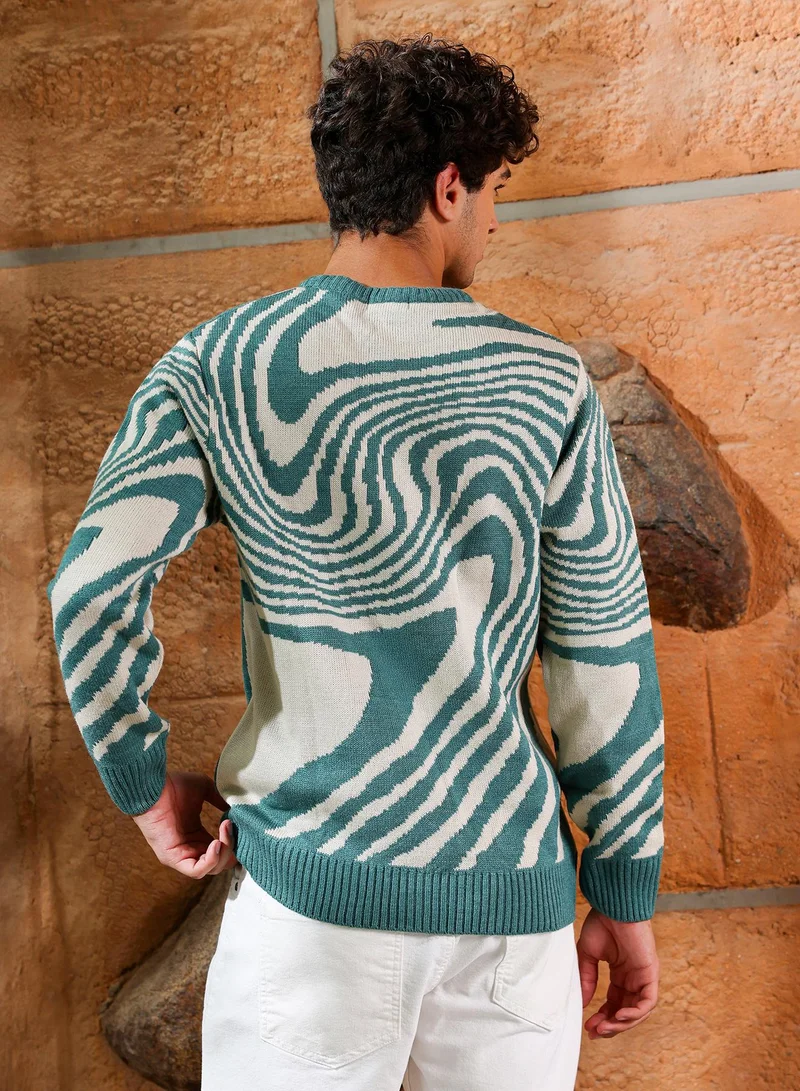 Campus Sutra Campus Sutra Men's Emerald Green Fluid-Jacquard Knit Pullover Sweater | Round Neck , Ribbed Cuff Sleeves , Pull On Closure , Ribbed-Straight Hem | Abstract Jacquard For Casual & Daily Wear