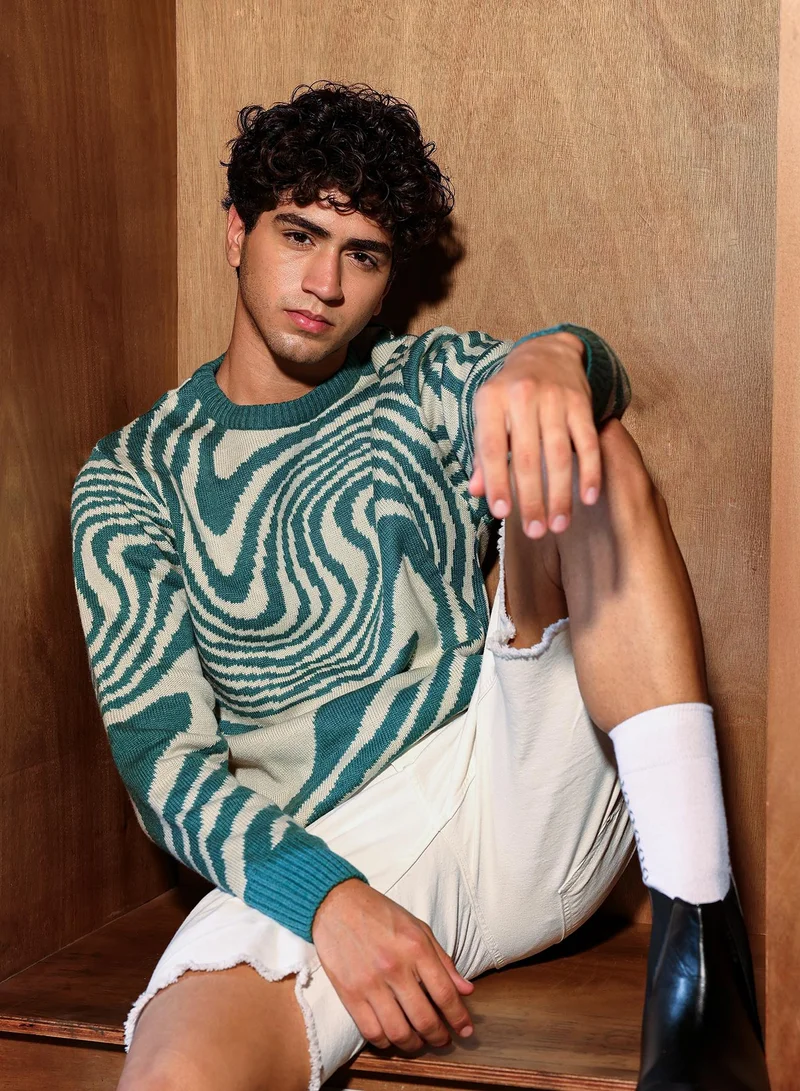 Campus Sutra Campus Sutra Men's Emerald Green Fluid-Jacquard Knit Pullover Sweater | Round Neck , Ribbed Cuff Sleeves , Pull On Closure , Ribbed-Straight Hem | Abstract Jacquard For Casual & Daily Wear