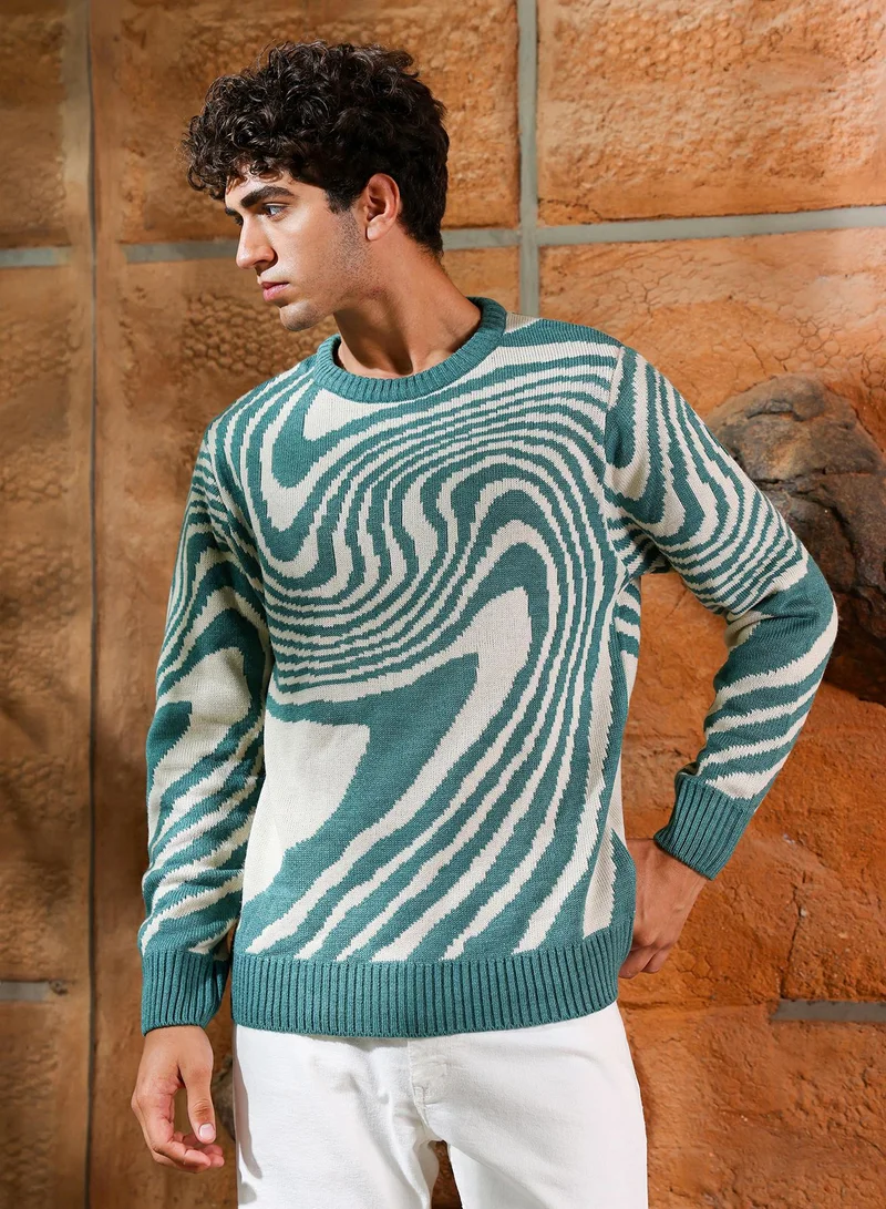 Campus Sutra Campus Sutra Men's Emerald Green Fluid-Jacquard Knit Pullover Sweater | Round Neck , Ribbed Cuff Sleeves , Pull On Closure , Ribbed-Straight Hem | Abstract Jacquard For Casual & Daily Wear