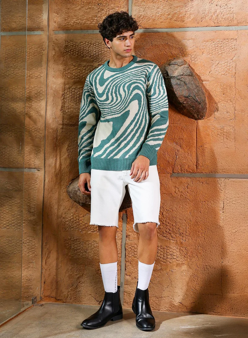Campus Sutra Campus Sutra Men's Emerald Green Fluid-Jacquard Knit Pullover Sweater | Round Neck , Ribbed Cuff Sleeves , Pull On Closure , Ribbed-Straight Hem | Abstract Jacquard For Casual & Daily Wear