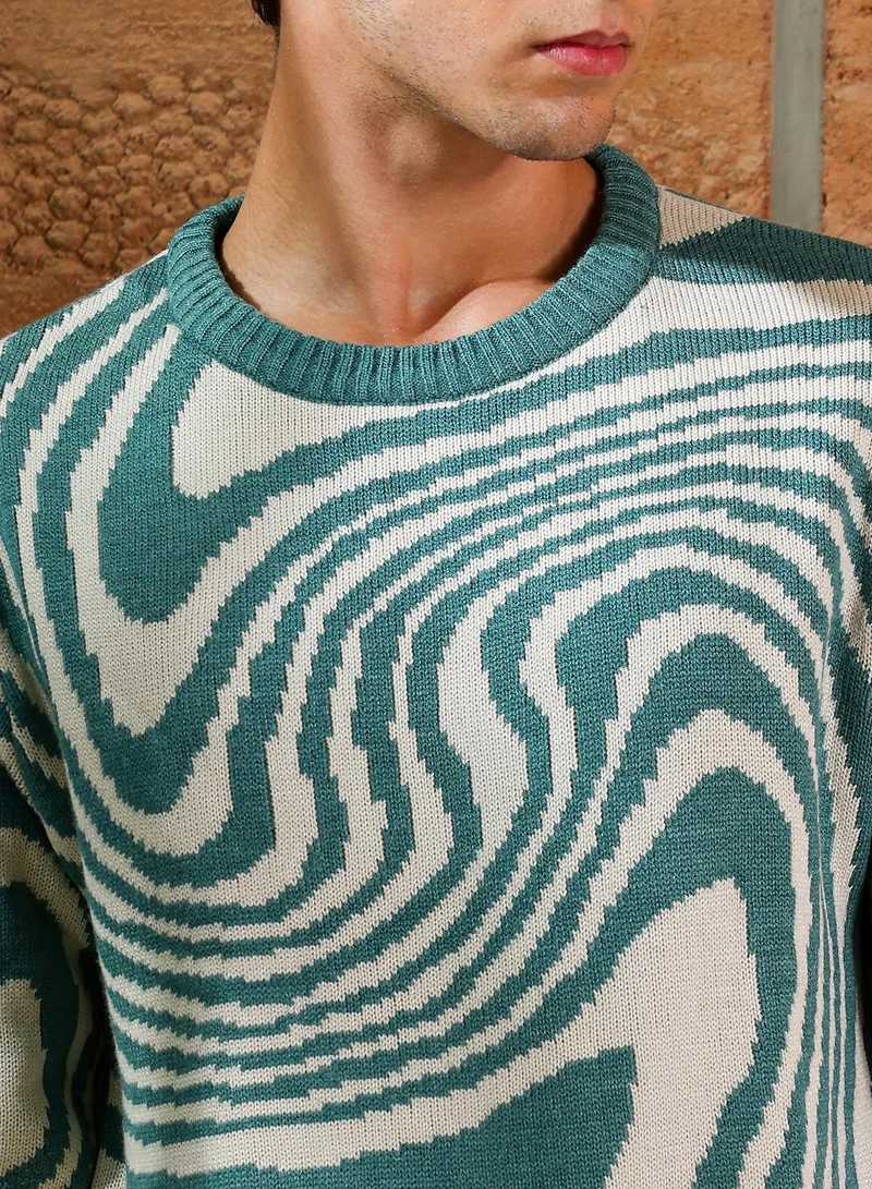 Campus Sutra Campus Sutra Men's Emerald Green Fluid-Jacquard Knit Pullover Sweater | Round Neck , Ribbed Cuff Sleeves , Pull On Closure , Ribbed-Straight Hem | Abstract Jacquard For Casual & Daily Wear