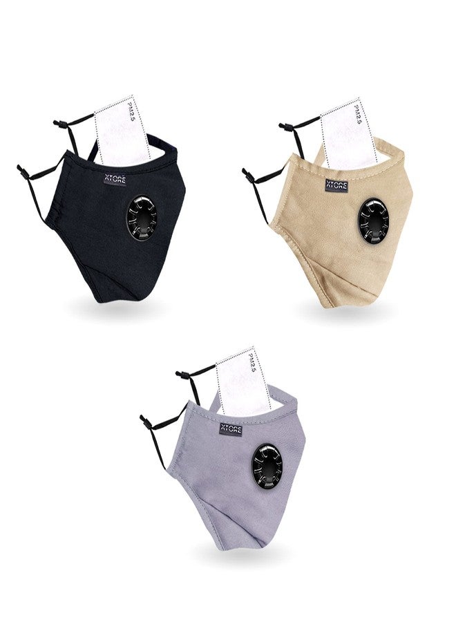 Xtore N-95 FDA CE Certified Unisex Reusable and Washable Cloth Face Mask (Black, Smokey Gray, Khaki Brown) -Pack of 3 Masks and 3 Filters - Image 1