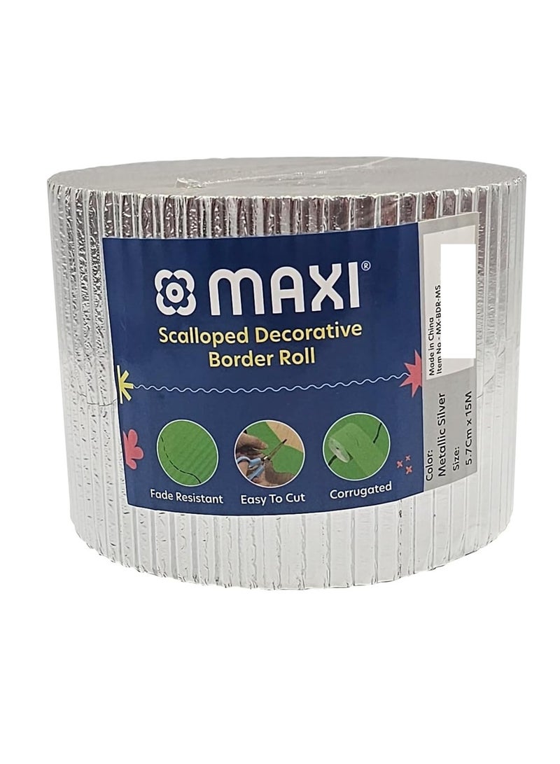 Maxi 1-Piece Corrugated Scalloped Borderette Border For School Displays, Classroom Decorations and Bulletin Boards Tape Metallic Silver - Image 1