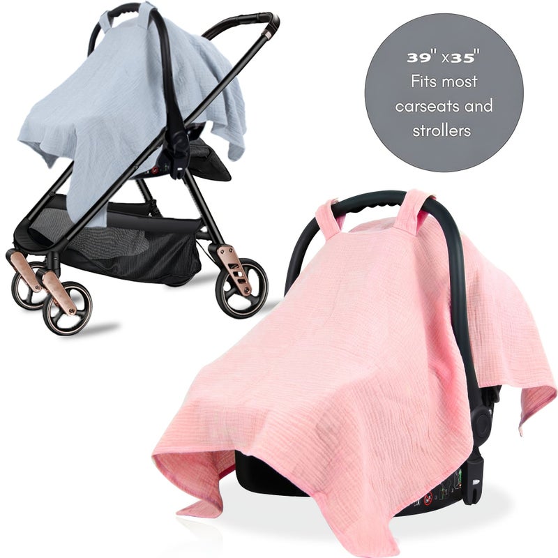 1 Pack Breathable Muslin Baby Car Seat Cover Star Moon Bear Full Coverage Stroller Sunshade Wind Dust Mosquito Proof Infant Canopy Universal Fit for Most Car Seats Strollers Ideal for Outdoor Baby Travel - Image 1