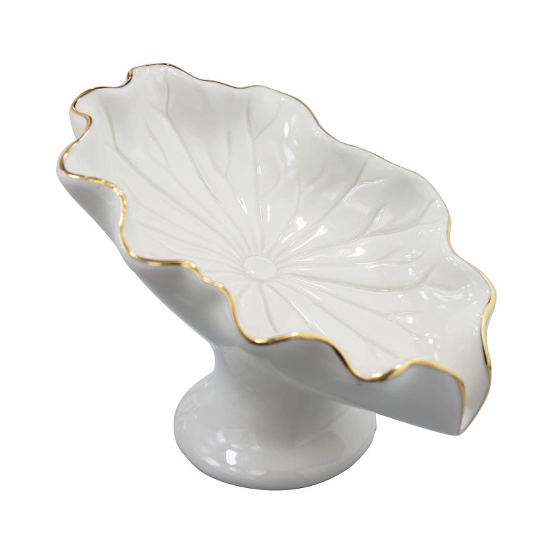 Polyroyal Soap Dish Ceramic White Lotus Leaf Shape Soap Holder Self Draining Soap Dish Waterfall Slot Sponge Holder Bathroom Accessories for Bathroom KitchenBar Counter 